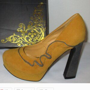 *NEW* SEXY CHUNKY HEEL STILETTO PLATFORM MUSTARD AND GREY TRIM & HEEL SHOES 10